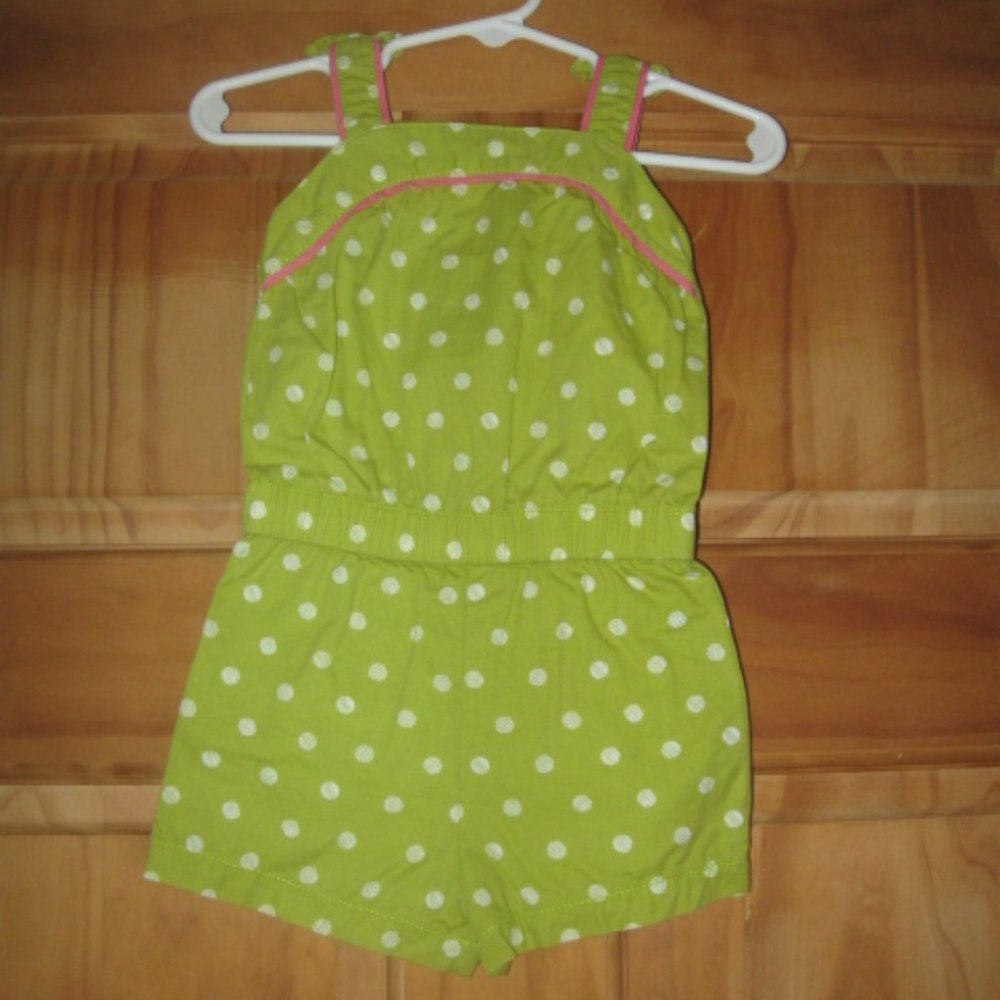 5/$20 Girls Cherokee Green with White Dots Romper